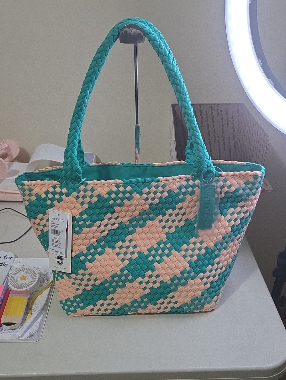 Wildfox Woven Teal and Peach Tote Bag - Stylish Women’s Handbag